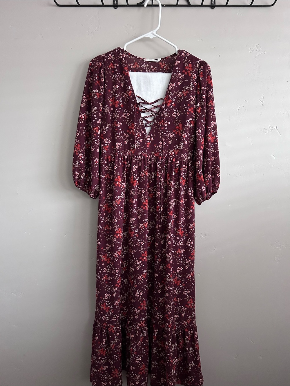 Lush Wine Floral Lace-Up Maxi Dress